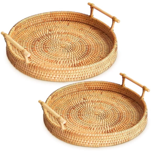Zhaomeidaxi Rattan Round Serving Tray, 3 Size Hand-Woven Rattan Tray Serving Tray with Handles, Wicker Tray Basket Tray for Bread Fruit Food Coffee Breakfast Display