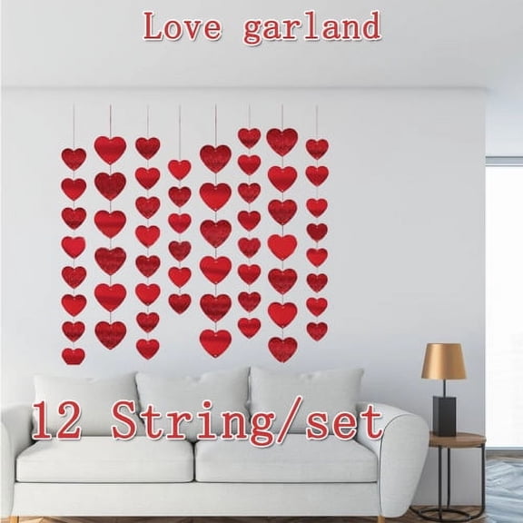 Zhaomeidaxi Sparkly Paper Hearts Shaped Garland, Paper Hanging String Decoration for Wedding Bridal Shower Baby Shower Birthday Party Background, Glitter Red, 12/24/36/48 String