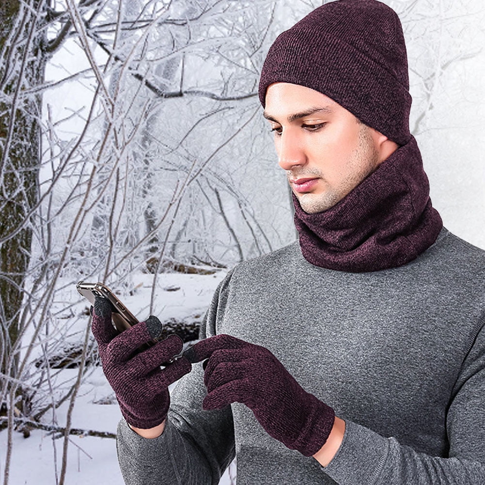 3 Pieces Womens Beanie Hat Scarf Touch Screen Gloves Set For Women Warm Knit Fleece Lined Skull Caps Neck Warmer Gifts,A-Black At Women's Clothing Store