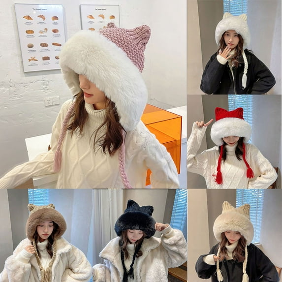 Zhaomeidaxi Winter Beanie Hat Women Faux Fur Knit Warm Soft Ski Cap Fleece Ear Flaps
