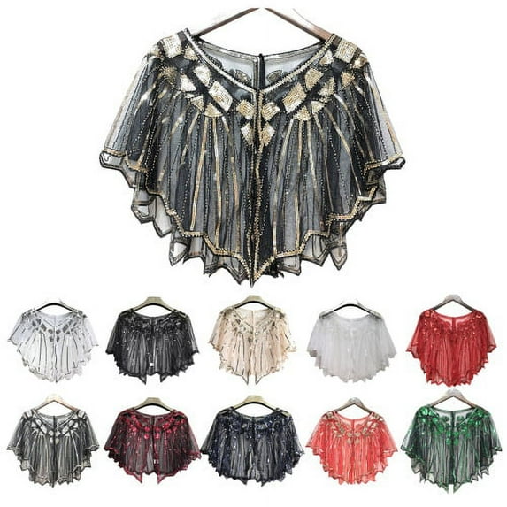 Zhaomeidaxi Women Shawl Wraps Sequin Beaded Evening Cape Bridal Shawl Cover Up,Cape Crochet Lace All-match Mesh Summer Beaded Sequin Shrug Flapper Dress Shawl for Party