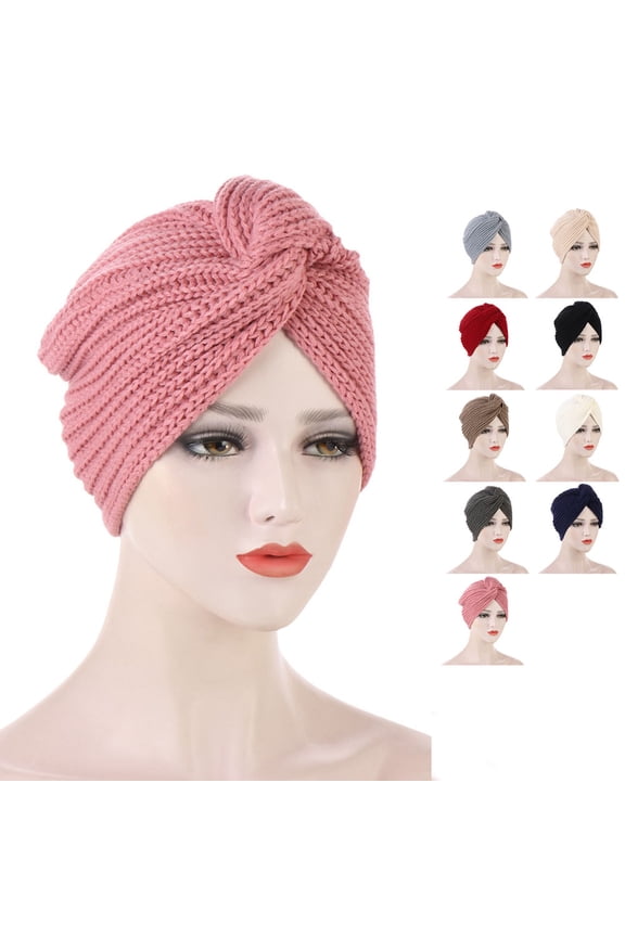 Women Turban Hats Twist-Knot Beanie Headwrap Stretch Pre-Tied Cap Solid Color Head Bonnet