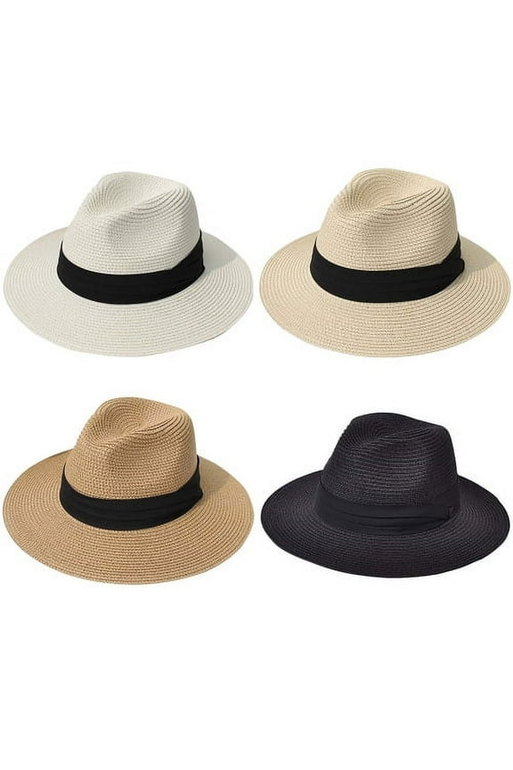 Womens Straw Fedora Beach Sun Hat, Packable Wide Brim Panama Hat for Women Summer Hat for Beach