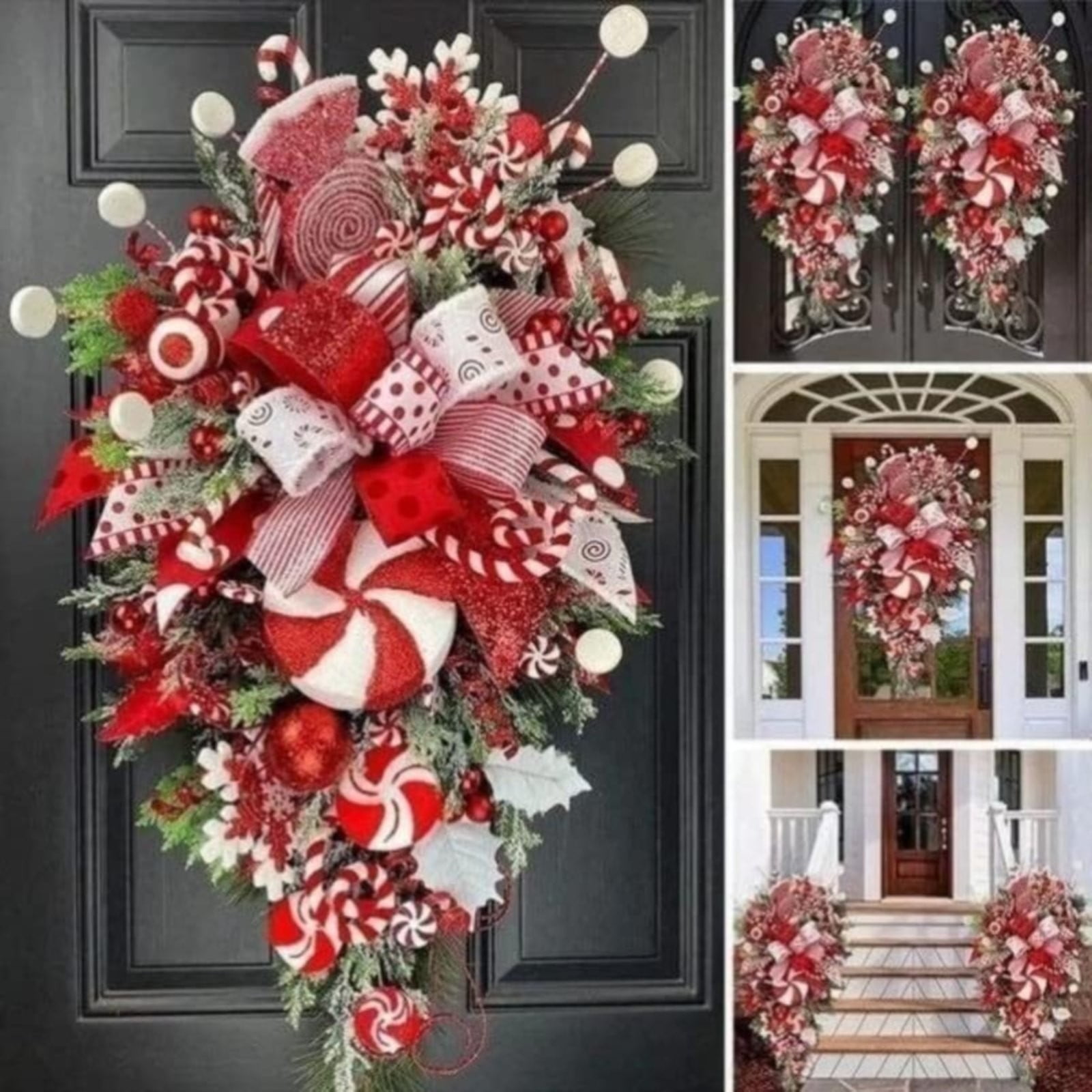 Zhaox Clearance Christmas Candy Cane Wreath for Front Door Red White