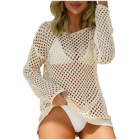 Zhden Bathing Suit Cover Up for Women Crochet Cover Up Top Long Sleeve Off Shoulder Coverup Beach Cover Up(Beige,S)