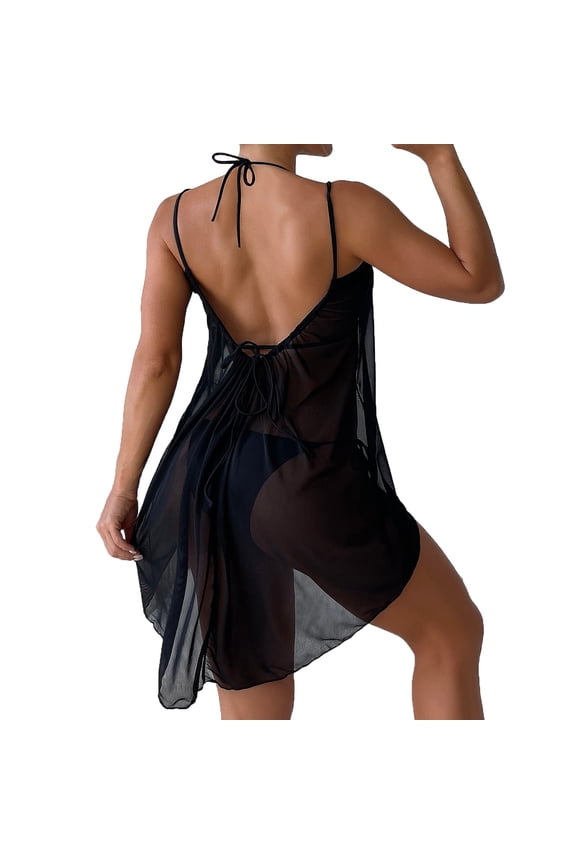 Beach Cover Ups for Women Swimsuit Cover Up Mesh Mini Dress Cover Up Sexy Spaghetti Strap Sheer Dresses（Black,XXL）