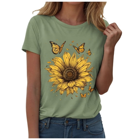 Zhden Graphic Tshirts for Women Sunflower Crew Neck Tshirt Summer Shirt Sleeve Loose Fit Tops Casual Basic Tees Tops(Light Green,M)