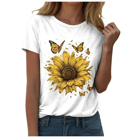 Zhden Graphic Tshirts for Women Sunflower Crew Neck Tshirt Summer Shirt Sleeve Loose Fit Tops Casual Basic Tees Tops(White,XXXL)