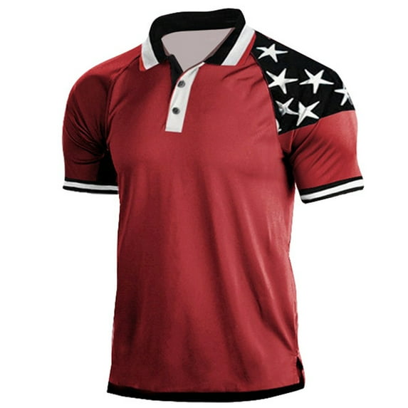 Zhden Polo Shirts for Men Golf Short Sleeve Polo T-Shirts American Flag Patriotic Shirt 4th of July Star Stripe Mens Shirts(Red,L)
