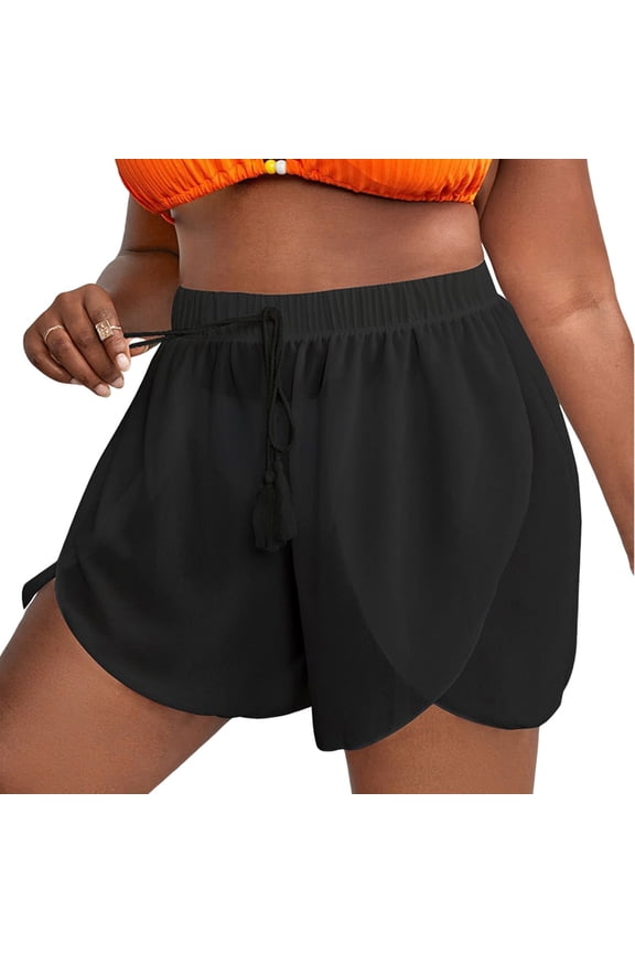 Swim Shorts Women Plus Size Drawstring Sheer Bikini Bottom Mesh Swimsuit Cover Up Shorts(Black,4XL)