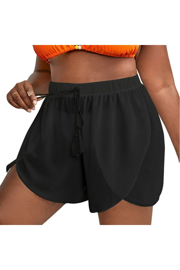 Swim Shorts Women Plus Size Drawstring Sheer Bikini Bottom Mesh Swimsuit Cover Up Shorts(Black,XXL)