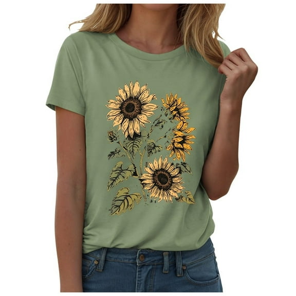 Zhden T Shirts for Women Cute Flower Short Sleeve Tee Tops Sunflower Graphic Shirt Casual Summer loose Fit T Shirt(Light Green,XXL)
