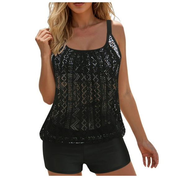 Zhden Tankini Swimsuits for Women Scoop Neck Tummy Control Swimsuits Blouson Tankini Swimsuits Two Piece Swimsuit with Swim Shorts(Black,XL)