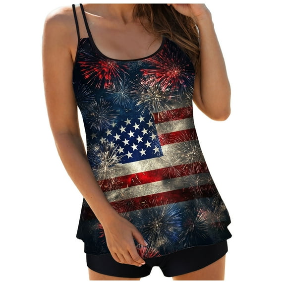 Zhden Tankinis Swimwear for Women American Flag Tummy Control Tankini Swimsuit Scoop Neck 4th of July Tankini Sets for Women(Z01-Dark Blue,XL)