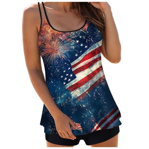 Zhden Tankinis Swimwear for Women American Flag Tummy Control Tankini Swimsuit Scoop Neck 4th of July Tankini Sets for Women(Z01-Navy,XXL)