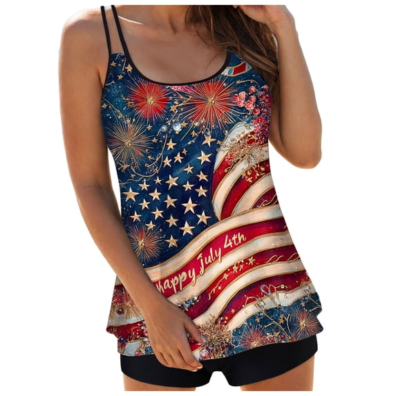 Zhden Tankinis Swimwear for Women American Flag Tummy Control Tankini Swimsuit Scoop Neck 4th of July Tankini Sets for Women(Z02-Red,XL)
