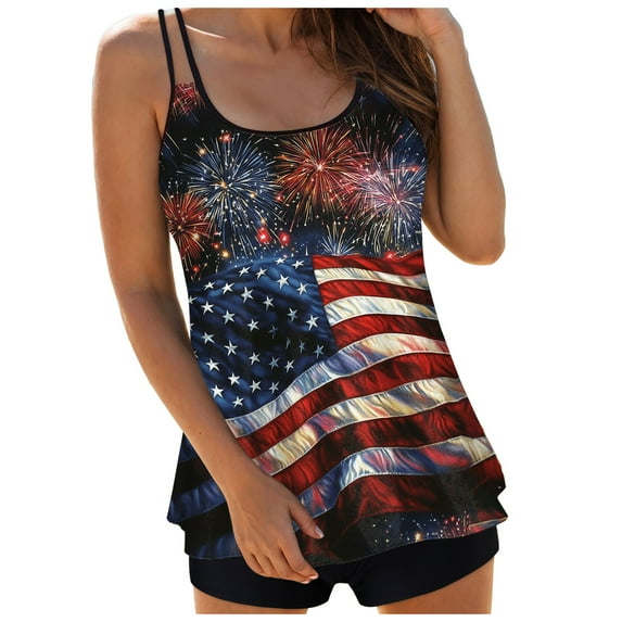Zhden Tankinis Swimwear for Women American Flag Tummy Control Tankini Swimsuit Scoop Neck 4th of July Tankini Sets for Women(Z03-Navy,XL)