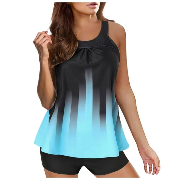 Zhden Two Piece Swimsuit for Women Flowy Tummy Control Tankini Swimsuits Scoop Neck Color Block Tankini Top with Boyshorts(Black,XL)