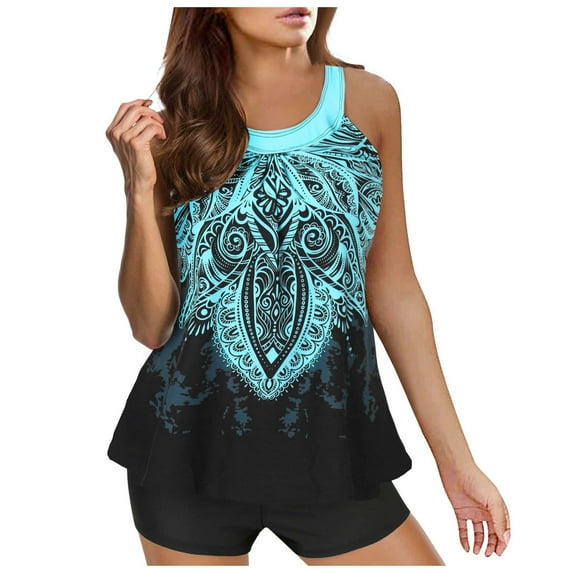 Zhden Two Piece Swimsuit for Women Flowy Tummy Control Tankini Swimsuits Scoop Neck Color Block Tankini Top with Boyshorts(Blue,XXL)