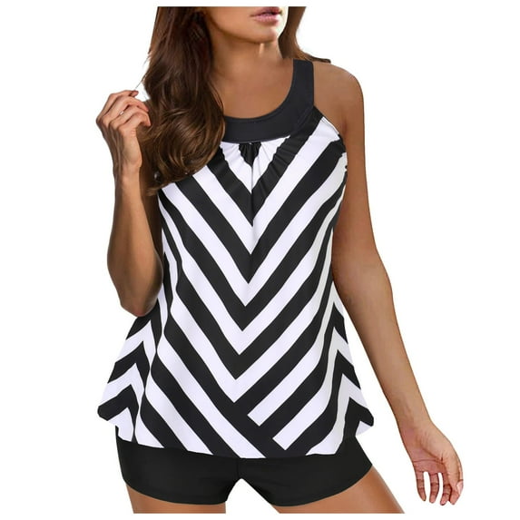 Zhden Two Piece Swimsuit for Women Flowy Tummy Control Tankini Swimsuits Scoop Neck Color Block Tankini Top with Boyshorts（White,S）