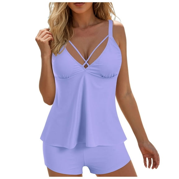 Zhden Two Piece Swimsuit for Women V Neck Tummy Control Tankini Bathing Suits Solid Color Flowy Swimsuits（Purple,XXL）