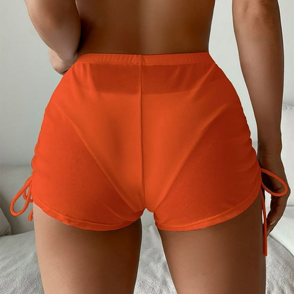 Zhden Women's Swim Shorts Drawstring Side Mesh Sheer Beach Summer Cover Up Shorts Bikini Bottoms(Orange,S)