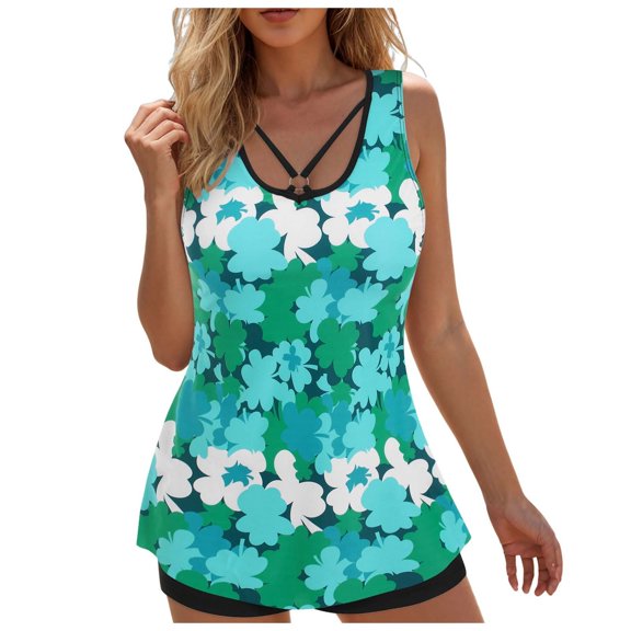 Zhden Womens Tankini Bathing Suits Blouson Tankini Swimsuits Two Piece Swimsuit with Swim Shorts Tummy Control Tankini Swimsuits（Green,M）