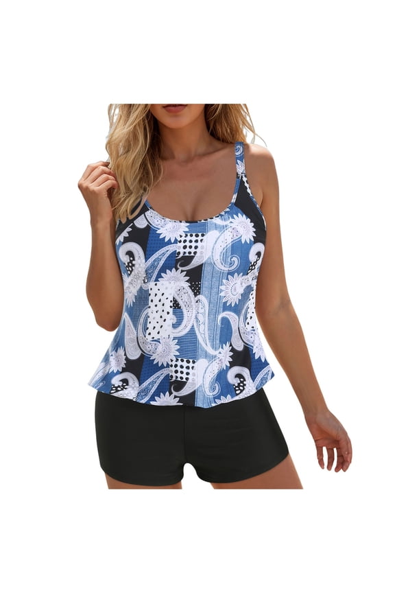 Womens Tankini Bathing Suits Plus Size Tankini Swimsuits Scoop Neck Print Swimsuits Tummy Control Bathing Suits with Shorts(Blue,3XL)