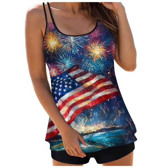 Zhden Womens Tankini Swimsuits with Shorts American Flag Graphic Two-Piece Tankini Swimsuits Tummy Control Tankini Swimsuits(Z02-Navy,L)
