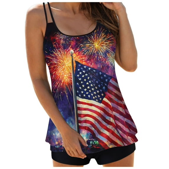 Zhden Womens Tankini Swimsuits with Shorts American Flag Graphic Two-Piece Tankini Swimsuits Tummy Control Tankini Swimsuits(Z02-Red,XXXL)