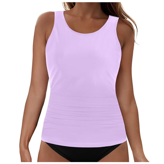 Zhden Womens Tankini Tops Full Coverage Tummy Control Swimwear Top Only High Neck Solid Color Tankini Top No Bottom(Light Purple,L)