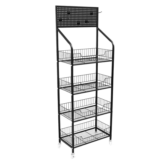 ZhdnBhnos 4 Tiers Metal Storage Shelf Retail Display Rack Fruit Vegetable Snack Organizer Stand with 5 Hooks & 4 Wheels