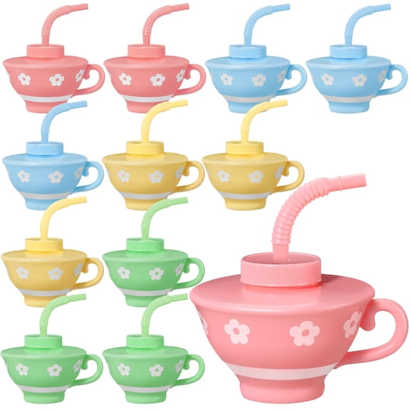 Zhehao 12 Pieces Plastic Kids Tea Cups with Lids and Straws for Tea Party, 9 oz Reusable Creative Party Cups Bulk for Birthday Baby Shower Princess Supplies Y102