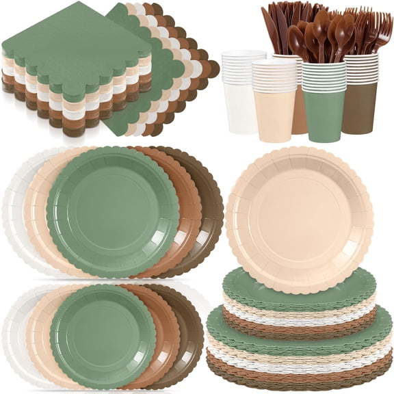 Zhehao 175 Pcs Woodland Party Supplies Set Green and Brown Disposable Tableware Kit with Plates, Cups, Napkins, Cutlery in Natural Earth Tones for Baby Shower, Birthday, Wedding Forest Events Y101