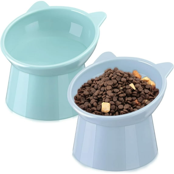 Zhehao 2 Pieces Plastic Raised Bowl Tilted 15 Degrees Elevated Cat Food and Water Bowls Set Anti Vomit Dog Kitten Food Dishes Pet for Cats and Small Dogs (Green, Blue)