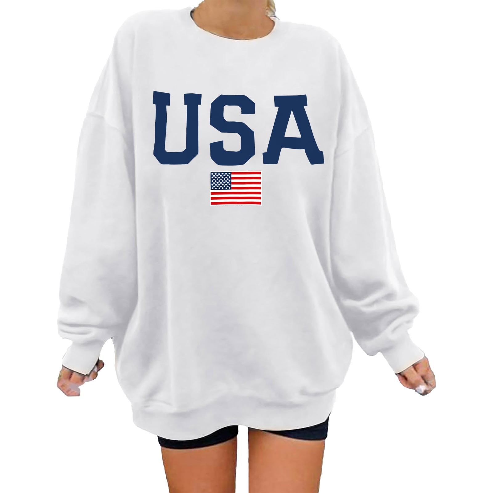 ZhenYing Womens Tops, Oversized USA Sweatshirt Women's Long Sleeve Casual Pullover Sweatshirt for Women Crewneck Sweatshirts White