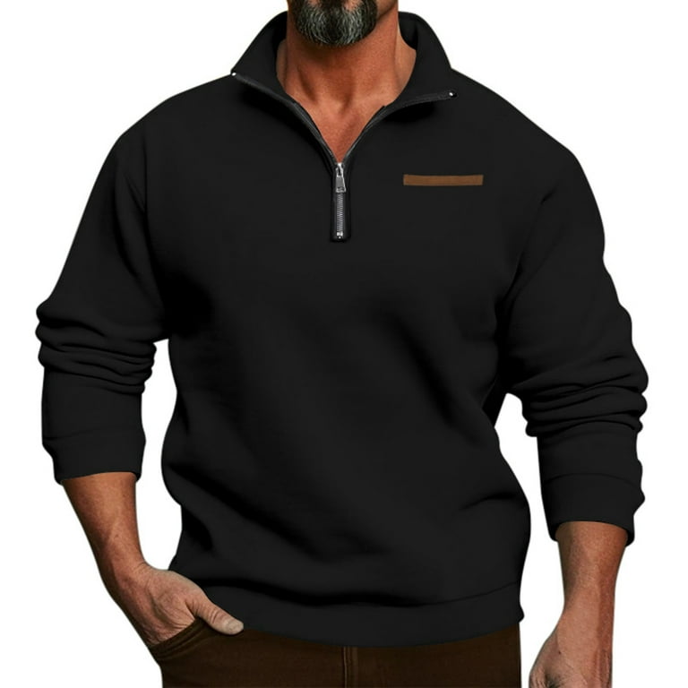 Zhencn Men s Hoodie Large Size Winter Plus Half Zip Stand Collar Pullover Solid Color Casual Hoodie