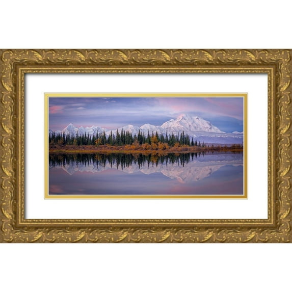 Zheng, Michael 14x9 Gold Ornate Wood Framed with Double Matting Museum Art Print Titled - Denali Reflection