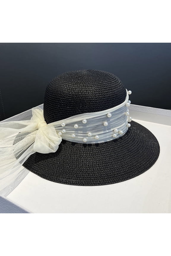 Elegant Pearl Mesh Straw Hat For Children In Spring And Summer French Sun Protection And Sunshade Hat, Seaside Fisherman Hat, Pot Hat