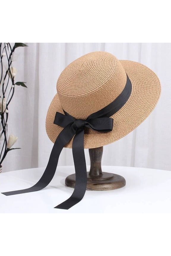French Long Ribbon Bow Straw Hat For Children, Summer Flat Brimmed Top Hat For Sun Shading And Sun Protection, Outdoor Flat Top Hat
