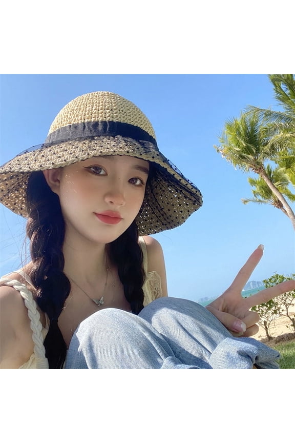 French Style Ocean Style Polka Dot Mesh Hollowed Out Fisherman Hat, Sun Shading Hat, Female Straw Hat, Basin Hat, Vacation Travel Bucket Hat