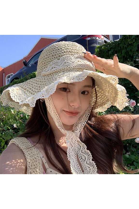 Grass Hat Ins Lace Up Hollow Grass Woven Hat Women's Summer Outing Sun Protection Beach Beach Beach Sun Hat Lace Edge Sun Hat