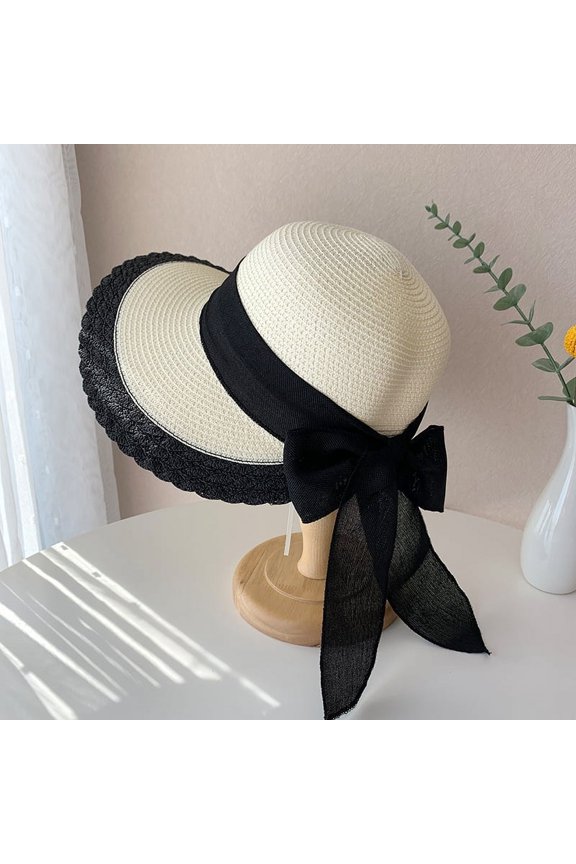 Grass Hat Women's Summer Sun Hat, Large Brimmed Sun Hat, Seaside Vacation Beach Sun Hat, Korean Bow Sandal Hat