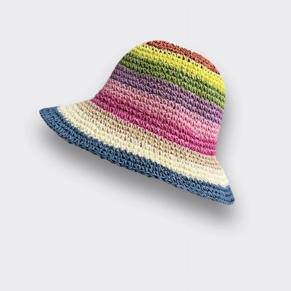 Zhengsping Japanese Instagram Rainbow Straw Hat Women's Summer Outage Sunscreen Beach Fisherman's Hat Straw Weaving Stripe Covering Basin Hat
