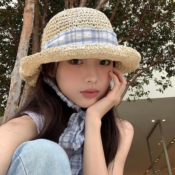 Zhengsping Japanese Style Fresh Blue Plaid Woven Ribbon Straw Hat For Women's Summer Outings With Large Brims, Sun Protection, And Beach Hat Trend