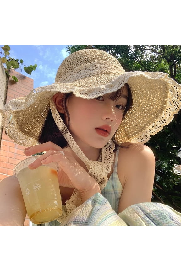 Korean Version Hat For Women In Summer With A Large Brim, Thin And Breathable Lace Lace, Hollowed Out Sun Protection, Full Face Straw Hat, Versatile And Trendy