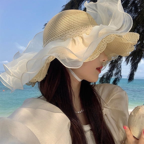 Zhengsping Lace Large Brimmed Straw Hat For Women, Summer Beach Sun Shading And Sun Protection Hat, Straw Woven Full Face UV Protection Hat