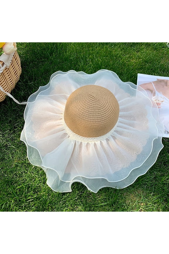 Lace Large Brimmed Straw Hat For Women, Summer Beach Sun Shading And Sun Protection Hat, Straw Woven Full Face UV Protection Hat