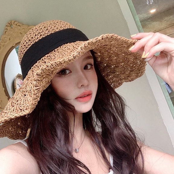 Zhengsping New Japanese Straw Hat Women's Summer Lace Up Big Brim Beach Hat Foldable Holiday Cool Hat Sun Protection And Sunshade Hat