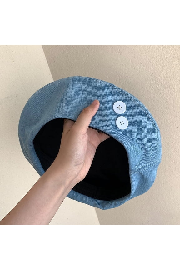 A Niche Design Denim Beret For Women's Korean Version With Versatile Buttons, A Bud Painter Hat With A Large Head, A Hat That Shows Off A Trendy Face
